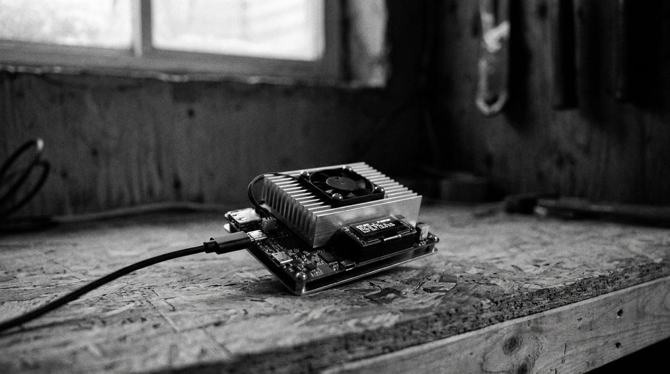 A small open-source Bitaxe Bitcoin miner on a workbench, documentary black and white