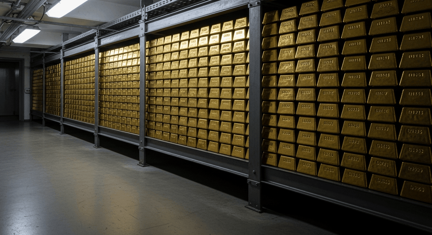 stacks of gold bars arranged on a stone surface in a secure vault, warm directional lighting, no text or logos visible