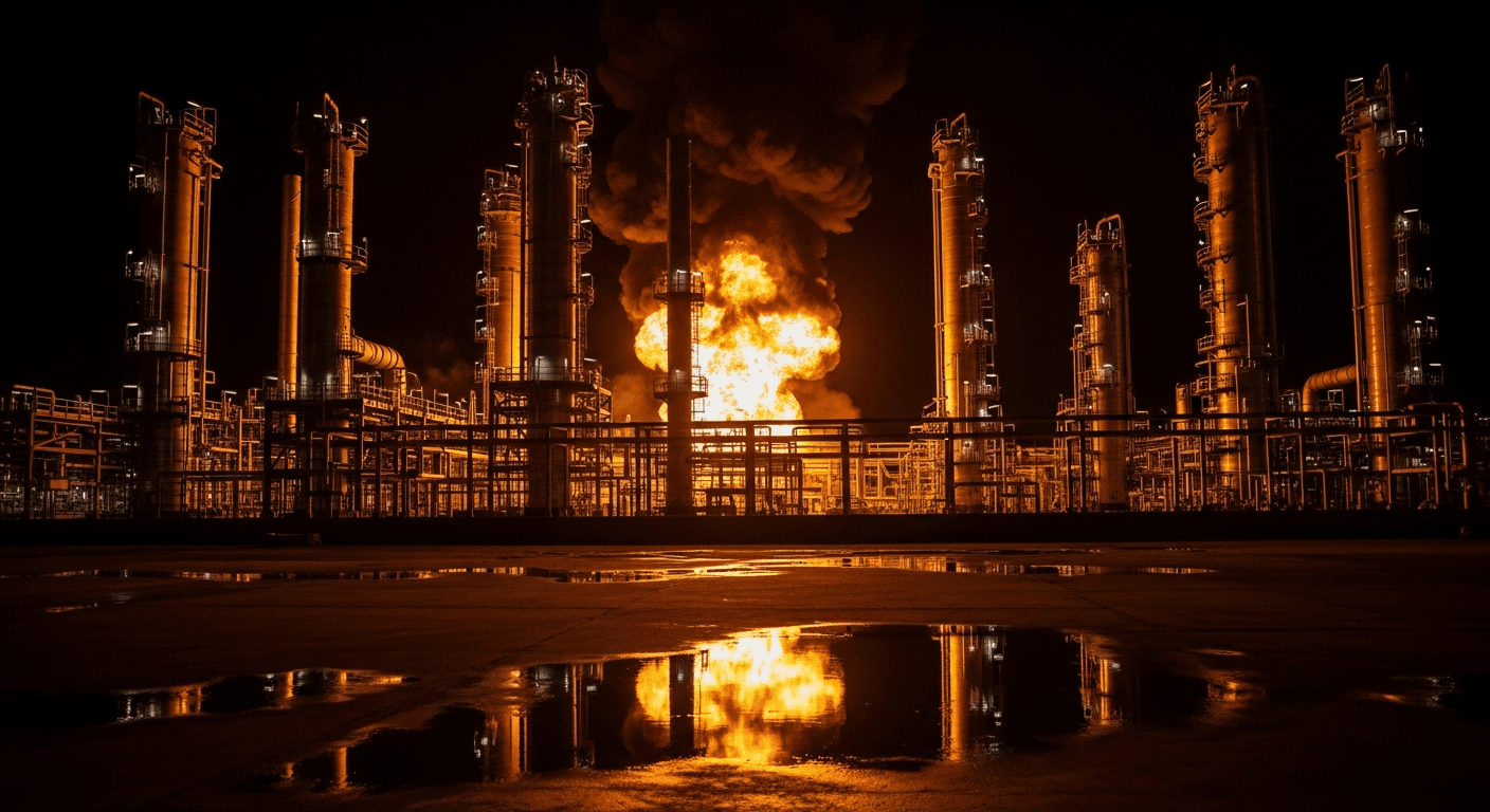 Aerial view of a Gulf coastal industrial facility at night with orange fire glow visible against dark water, smoke rising into the sky, no text or signage visible