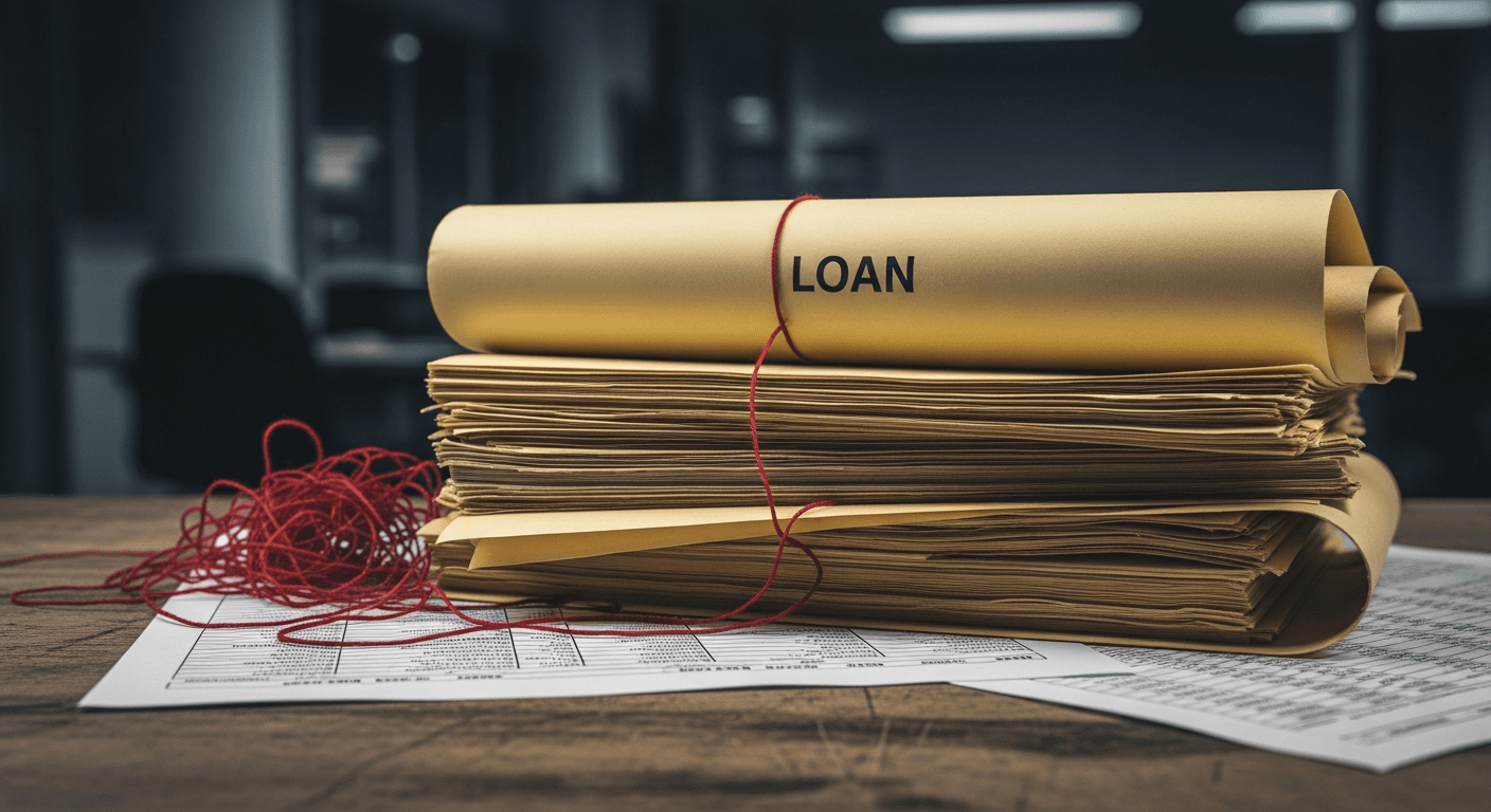 Abstract financial pressure scene: stacked loan documents and a cracking glass surface in cool blue and gray tones, no text, no logos, no signage