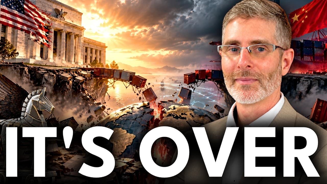 Michael Every on the TFTC podcast with a US dollar, stablecoin graphic, and global trade routes in the background