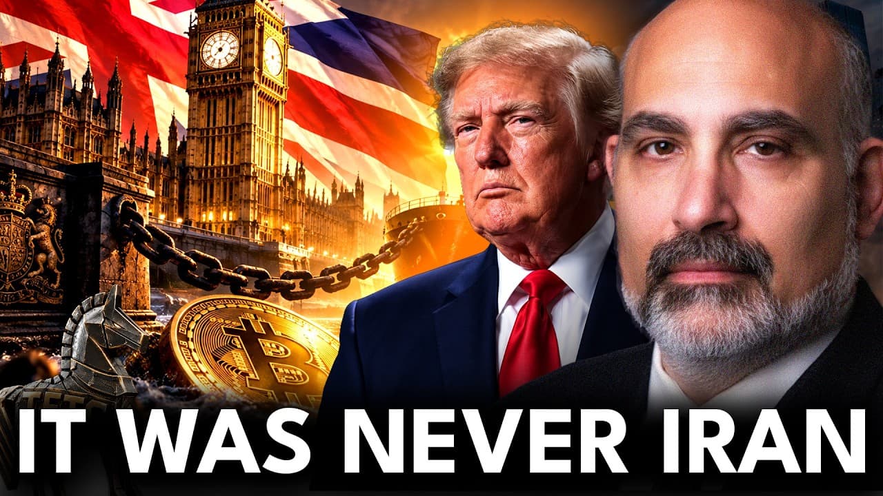 Tom Luongo on the TFTC podcast, set against the Strait of Hormuz, a Lloyd's of London building, and a falling European bond chart