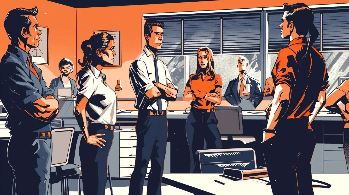 An office scene depicting various employees facing subtle challenges despite having insurance.