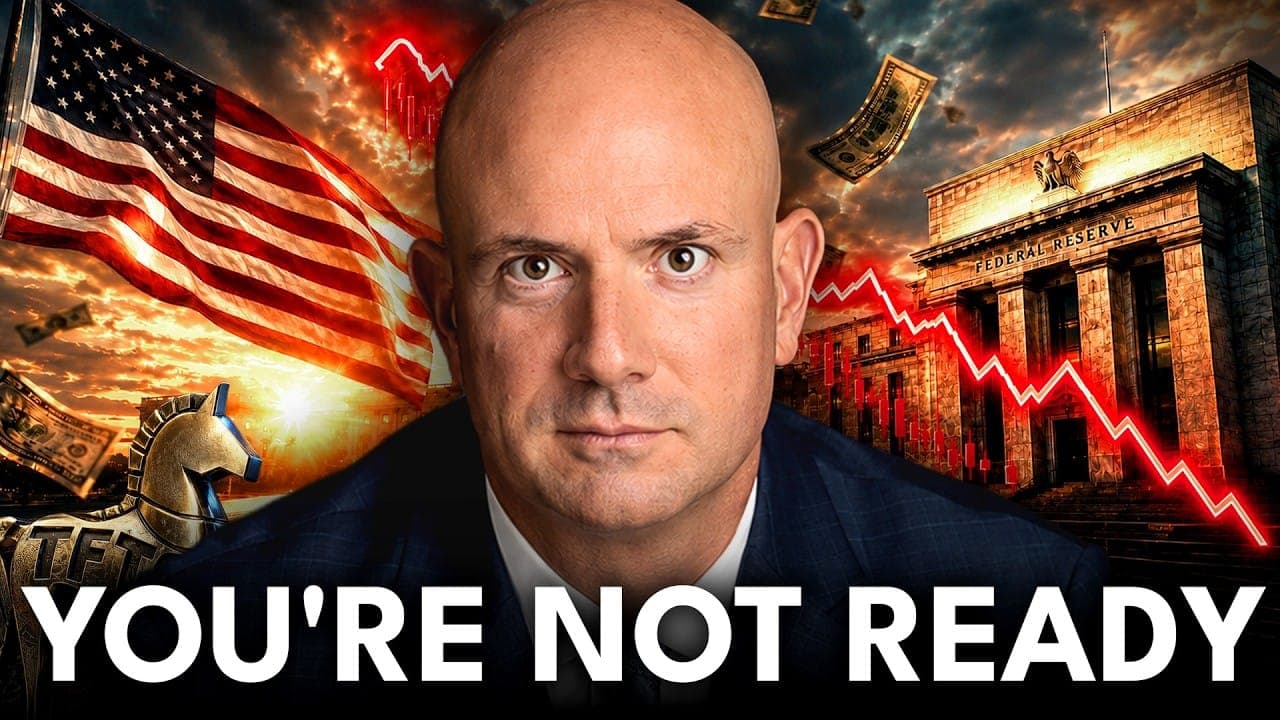 Luke Gromen on the TFTC podcast, set against the US flag, the Federal Reserve, and a falling chart