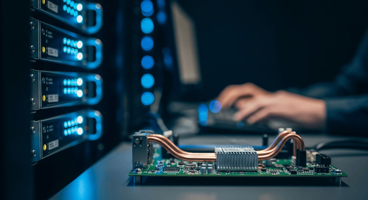 Close-up of industrial bitcoin mining hardware in a large data center, rows of ASIC machines with glowing indicator lights, no text or logos visible
