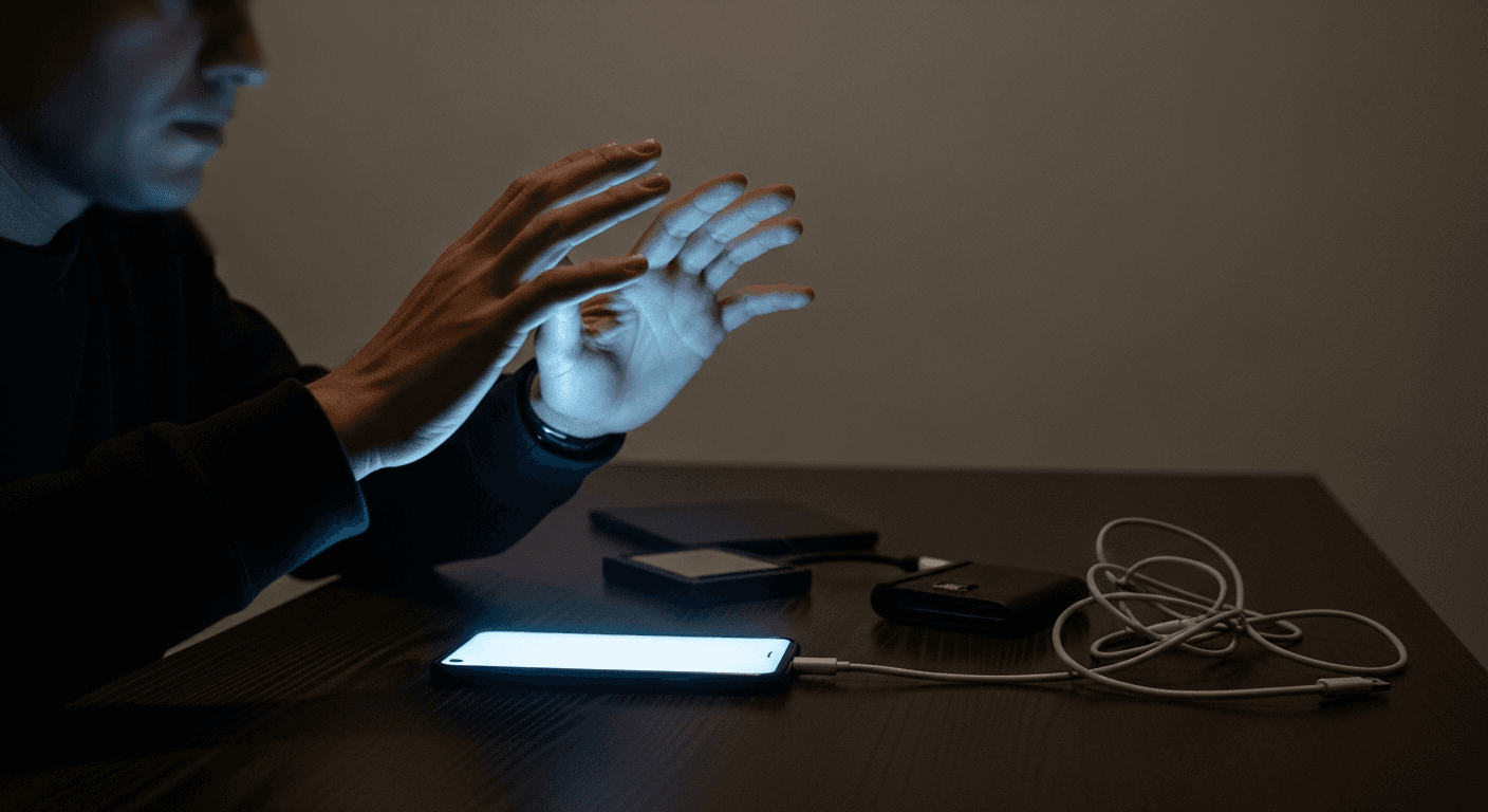 A person holding a smartphone displaying a Bitcoin wallet interface, with a blurred laptop and hardware wallet in the background on a wooden desk