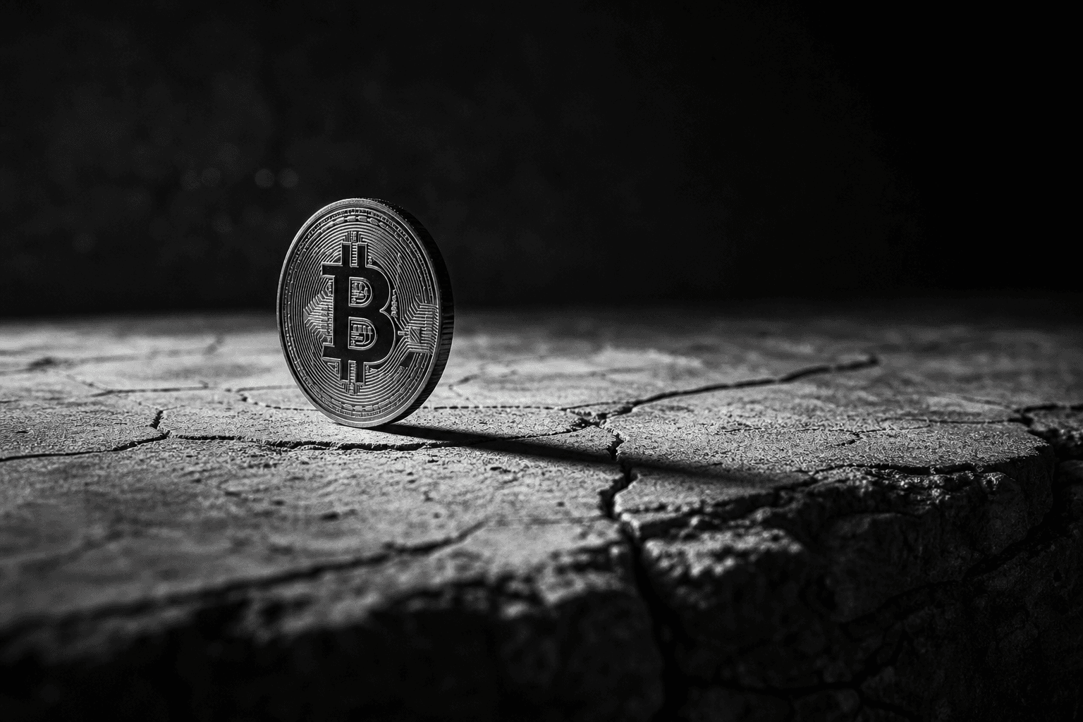 A single Bitcoin coin standing upright on cracked stone in stark black and white, lit hard from the side, an image of sound money holding its ground.
