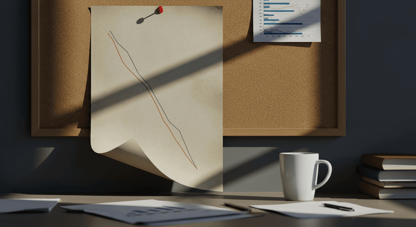 Overhead view of a financial analyst's desk with printed charts, a laptop showing candlestick data, and scattered notebooks under warm tungsten light