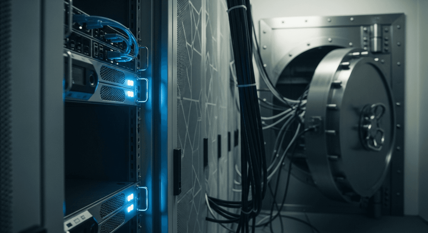A dimly lit server room with rows of humming hardware, blue indicator lights casting reflections on a polished floor, no visible text or signage