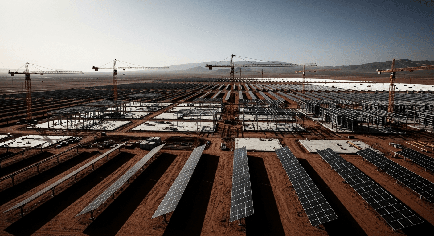 Aerial view of a large industrial construction site in an arid desert landscape, with solar infrastructure and utility equipment visible on flat scrubland under a blue sky