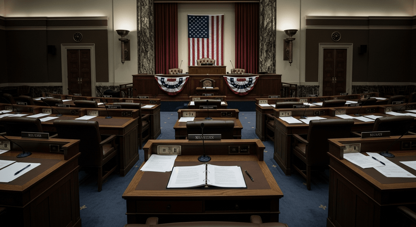 Wide shot of an empty legislative chamber with tiered wooden desks, dramatic overhead lighting, and tall marble columns, no people present