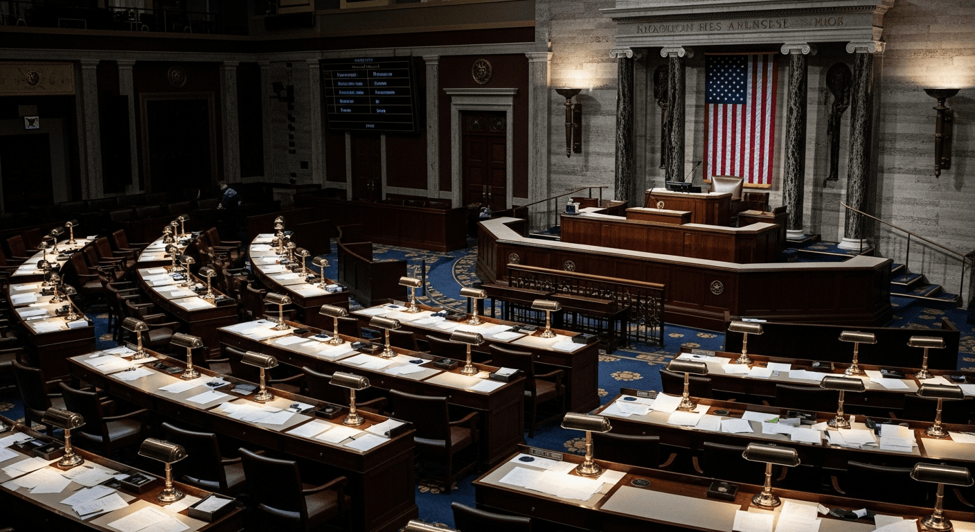 United States Senate chamber interior, empty seats, dramatic overhead lighting, no logos or text visible