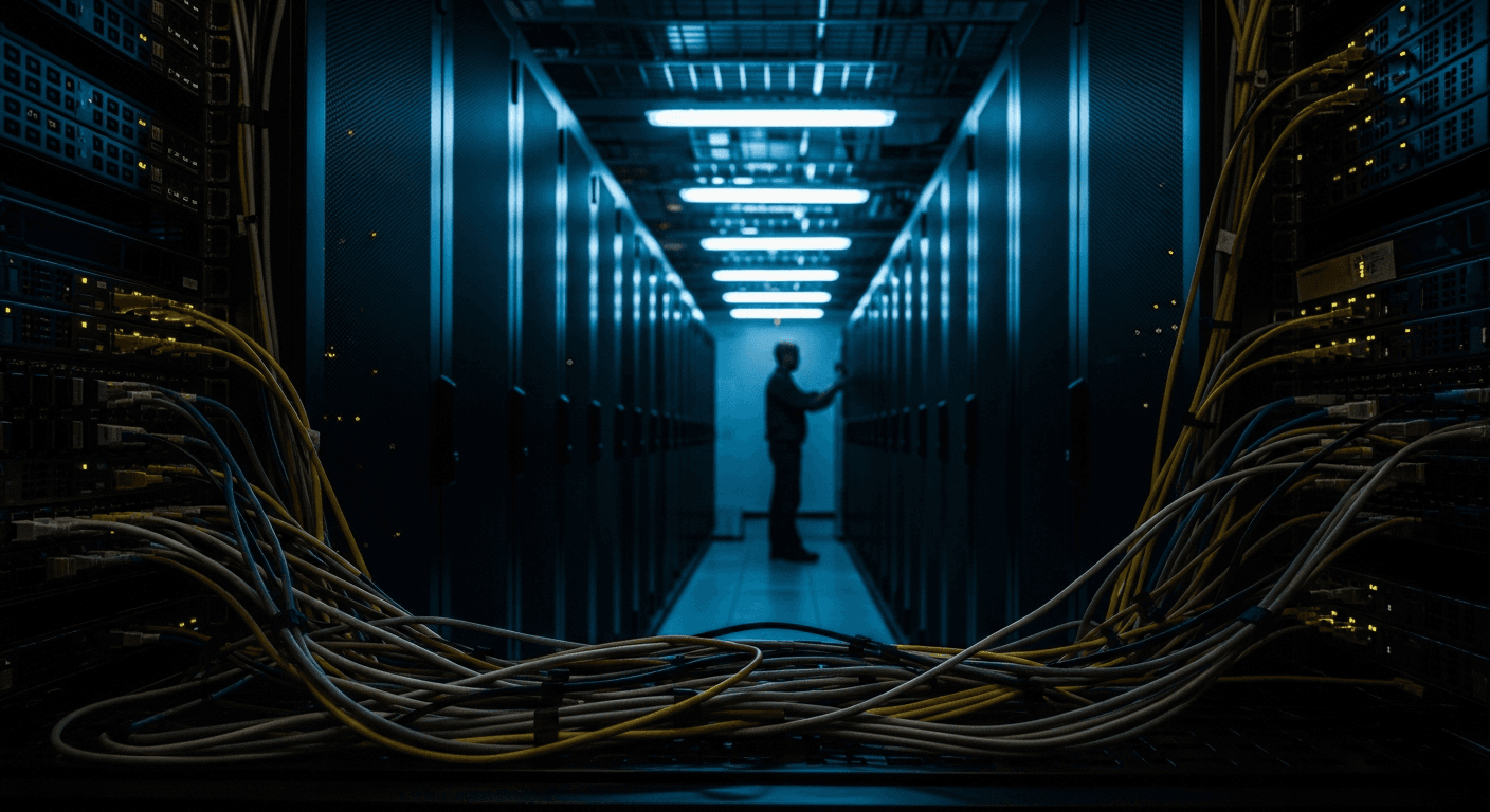 A dimly lit server room with rows of blinking rack servers, blue and orange indicator lights casting shadows across the floor, no text or signage visible