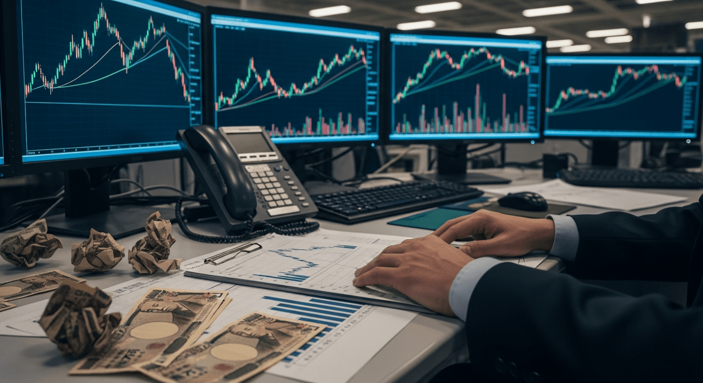 currency trading floor with screens showing foreign exchange rate charts, traders at workstations in a modern financial office, dramatic lighting, no visible text or logos