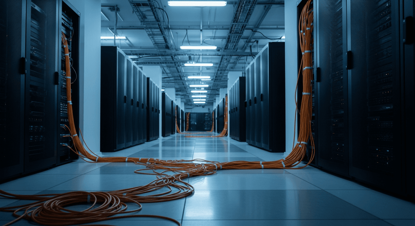 Aerial view of a large server farm with rows of illuminated hardware in a dimly lit industrial facility, no text or signage visible