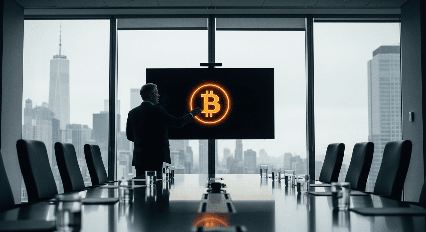 Close-up of a physical bitcoin token resting on a laptop keyboard in a dimly lit office, no text or logos visible