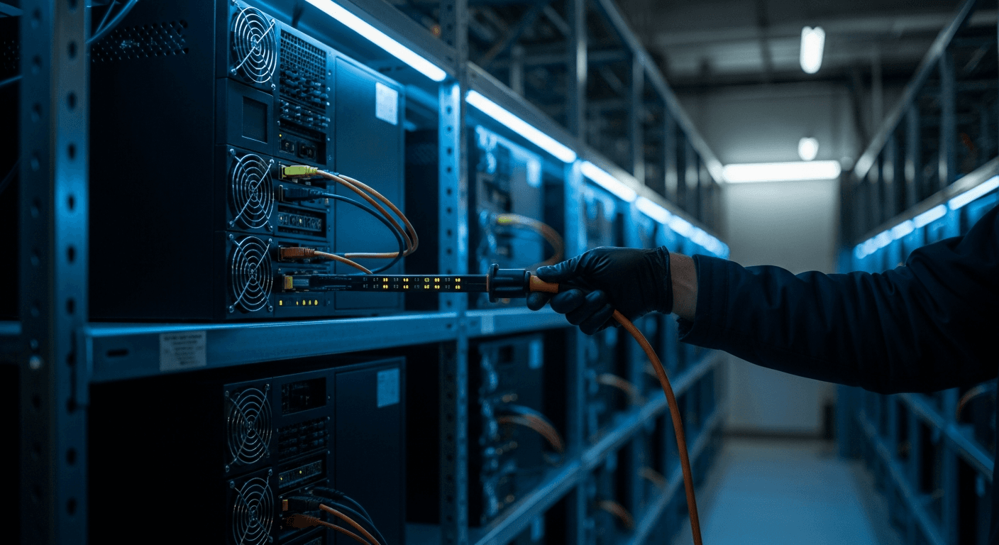 Rows of industrial Bitcoin mining hardware in a large data center facility, lit in blue and orange light, no visible text or branding