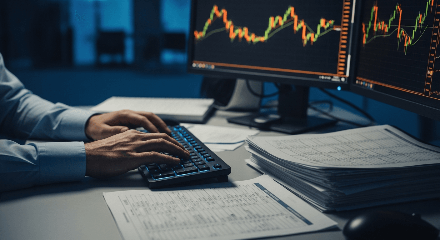 A corporate finance analyst reviewing glowing bitcoin price charts on multiple monitors in a modern office at night, no logos or text visible