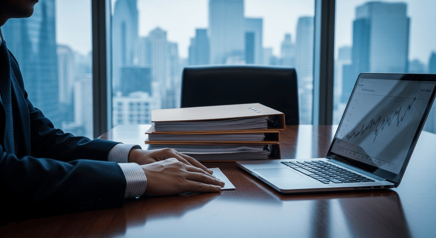 Glowing digital coin stacked on abstract financial charts in a dimly lit office, no text or logos visible
