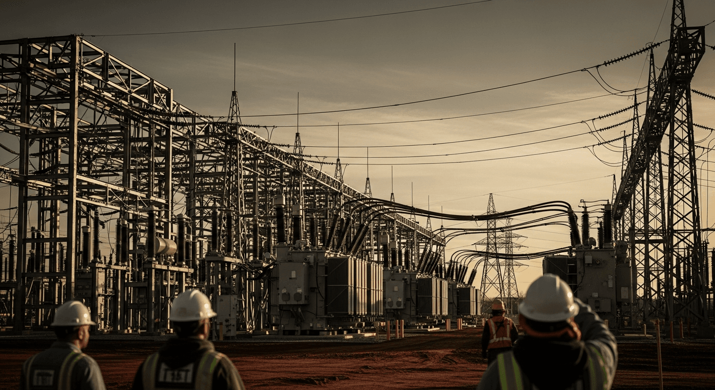 Aerial view of a large industrial power facility under construction in a rural landscape, with high-voltage transmission towers and a river in the background, overcast sky