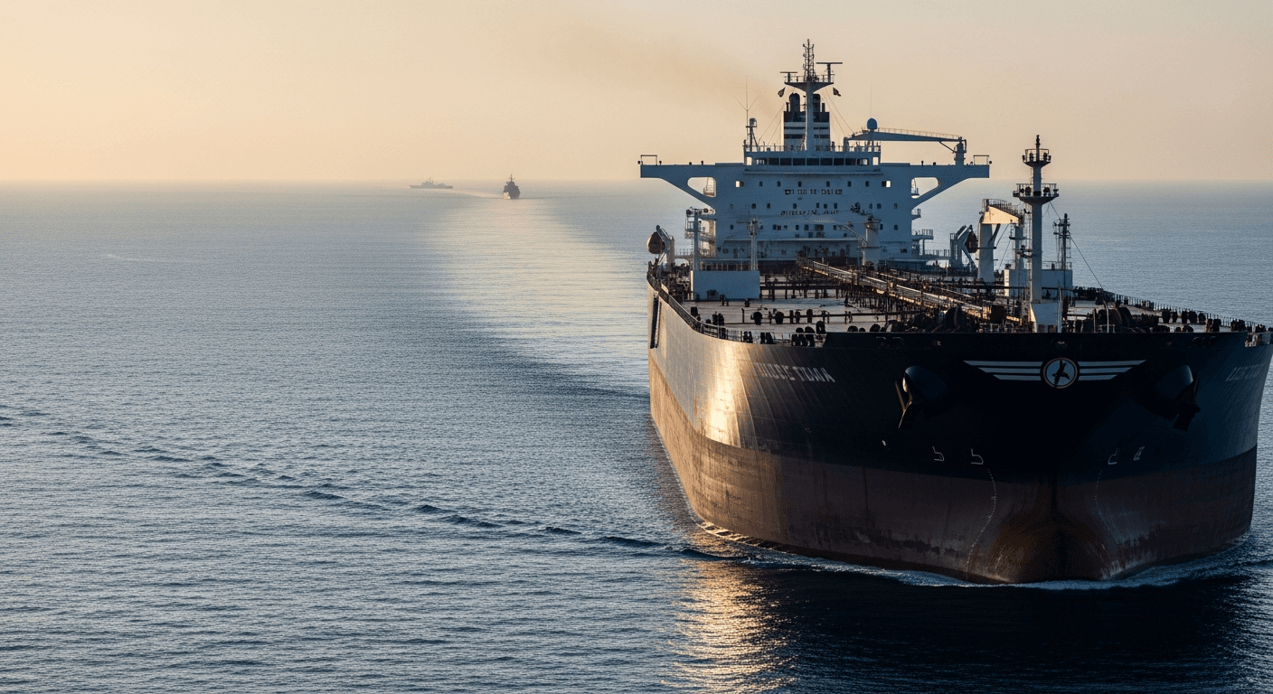 aerial view of oil tankers navigating a narrow sea strait at dawn, military vessels visible in the distance, no text or logos