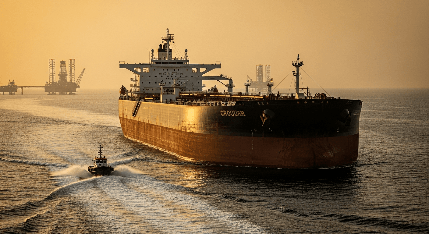 aerial view of a large offshore oil platform surrounded by blue ocean, industrial cranes and pipelines visible, golden hour light, no text or signage