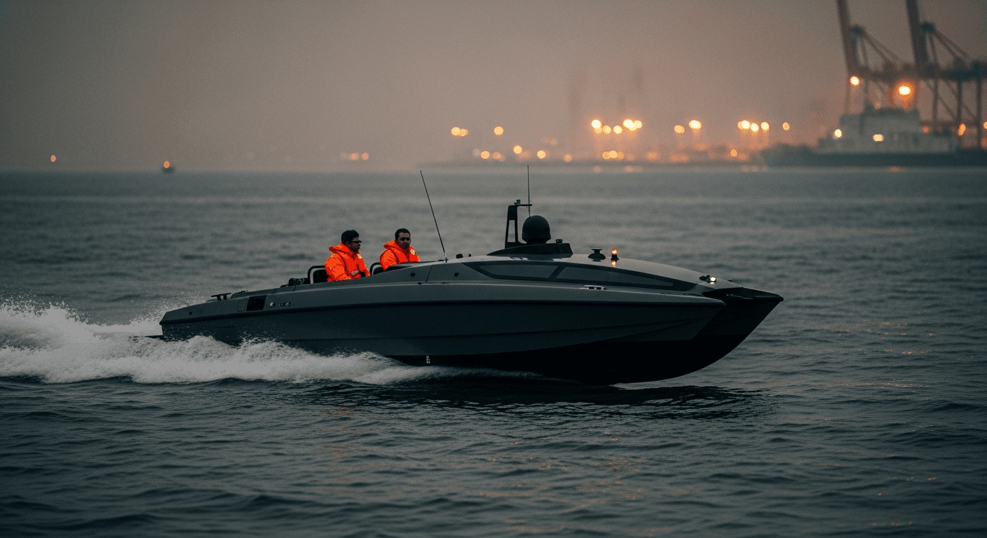 An autonomous unmanned surface vessel moving at speed across dark open ocean water at night, with distant port lights visible on the horizon, cinematic low-angle shot, no text or logos