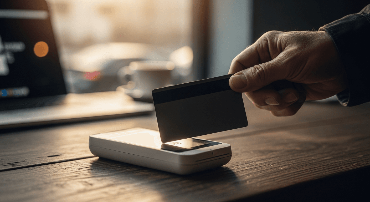 A physical payment card resting on a wooden desk beside a smartphone displaying a Lightning Network payment interface, with soft natural light and no visible brand names or text