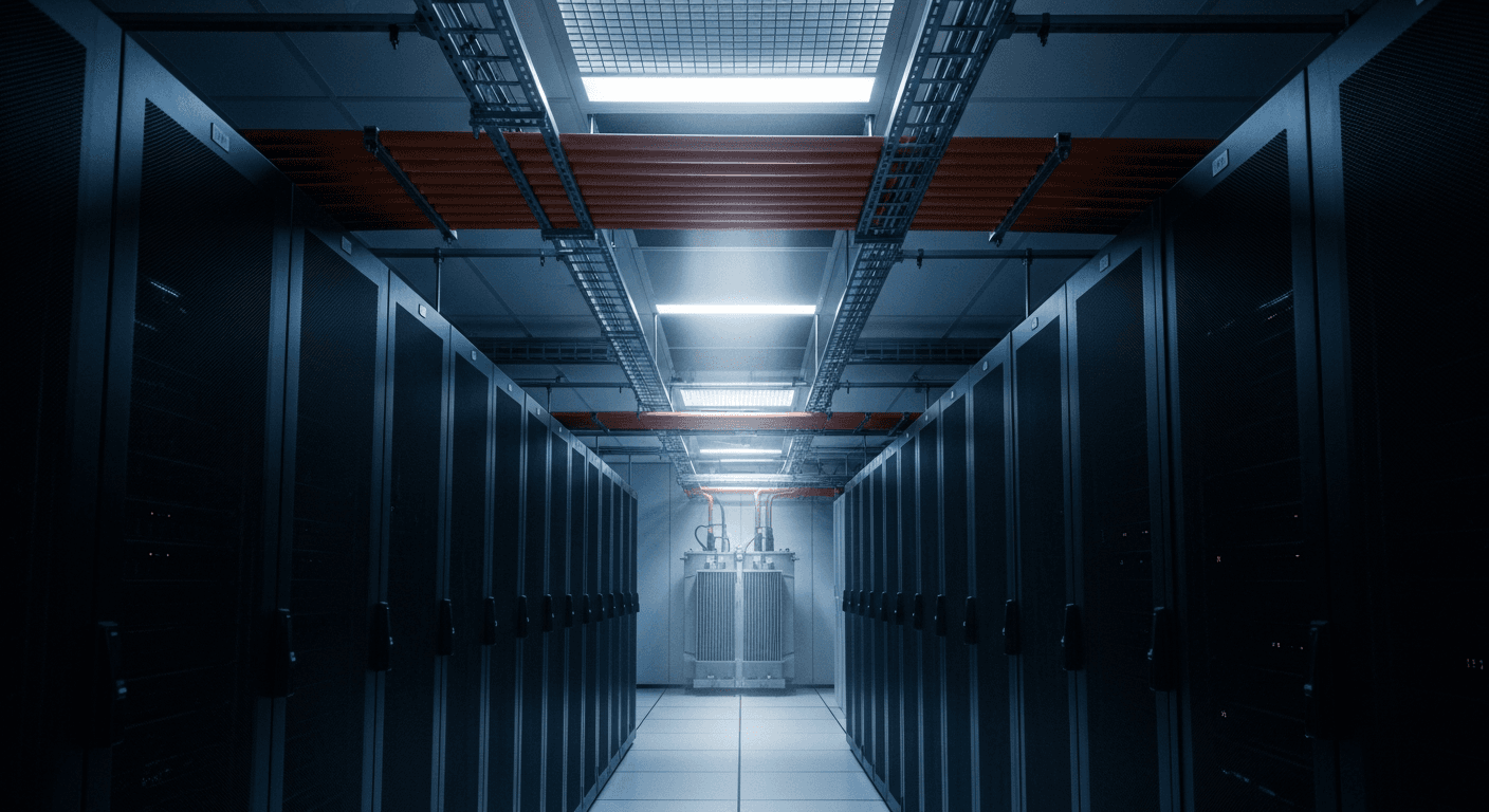 A cavernous data center aisle stretches into the distance under cold blue overhead lighting, rows of dark server racks standing dormant and unpowered, thick orange electrical conduit running