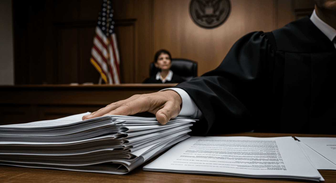 A lawyer's hand rests on a stack of printed legal documents on a worn wooden courtroom table, bathed in the cool fluorescent light of a government hearing room, with an out-of-focus American