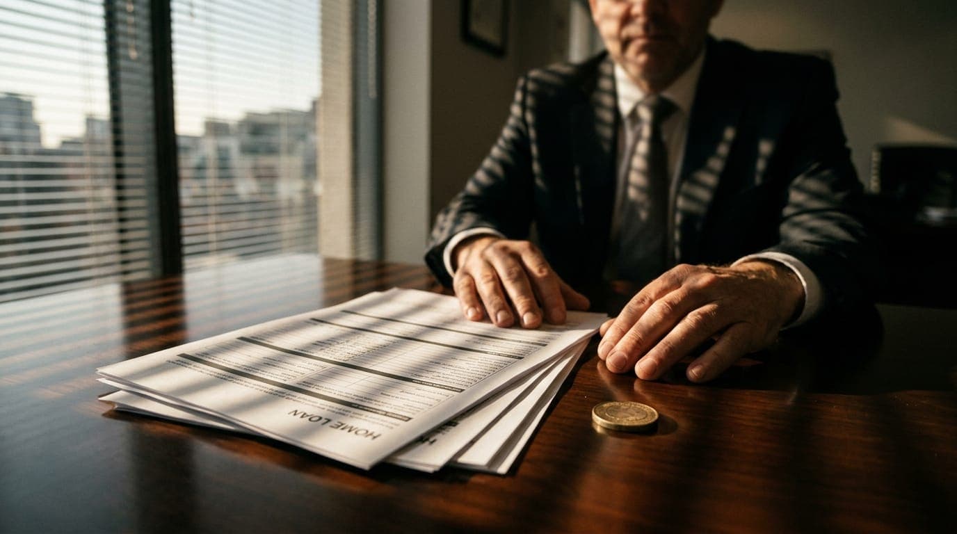 A loan officer's hands rest on a glossy wooden desk beside a fanned stack of mortgage documents and a small physical gold-toned coin, all lit by the warm afternoon light streaming through