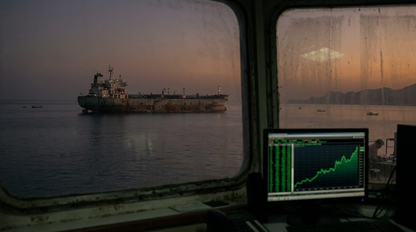 A weathered oil tanker sits anchored in the hazy amber light of the Strait of Hormuz at dusk, its rust-streaked hull reflected in the still water below, while a small trading terminal glows