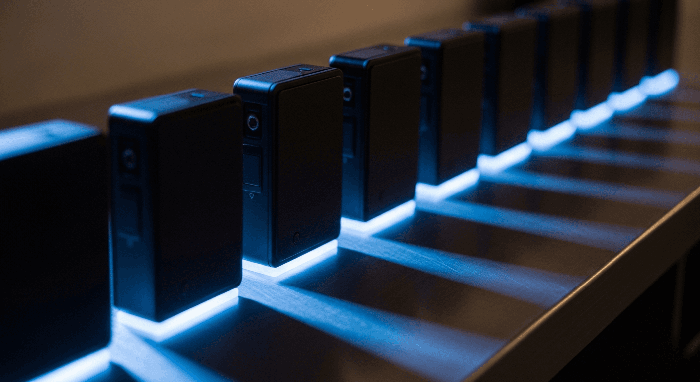 A row of identical cold storage hardware wallets lined up on a dark brushed-steel surface, bathed in cool blue-white LED light, their matte black casings casting sharp parallel shadows, with