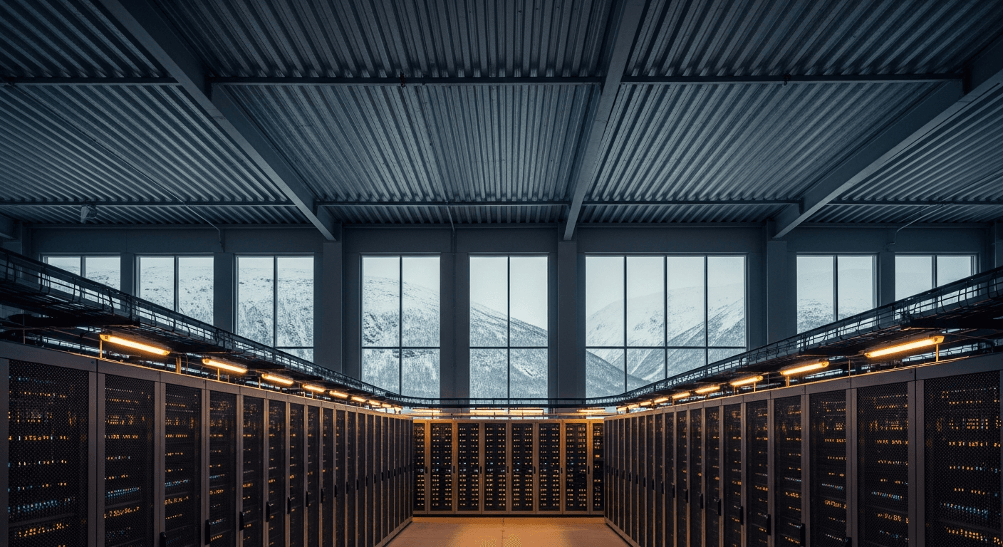 A vast industrial data center hall in a snow-dusted Norwegian valley glows with the cold blue and amber light of thousands of blinking server racks stretching toward a corrugated steel