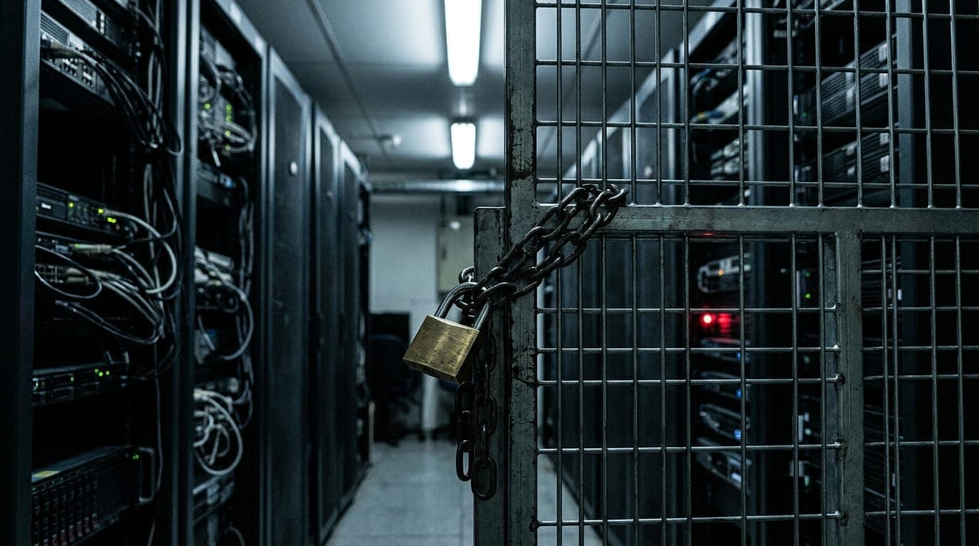 A padlocked steel security gate hangs across the entrance of a dimly lit server room corridor, its heavy chain casting sharp shadows under cold fluorescent light, while a single blinking red