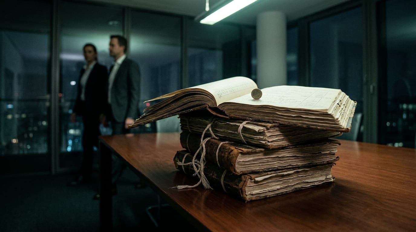 A towering stack of weathered paper ledger books teeters on the edge of a polished mahogany desk beneath harsh fluorescent office lighting, their yellowed pages fanning open under the weight