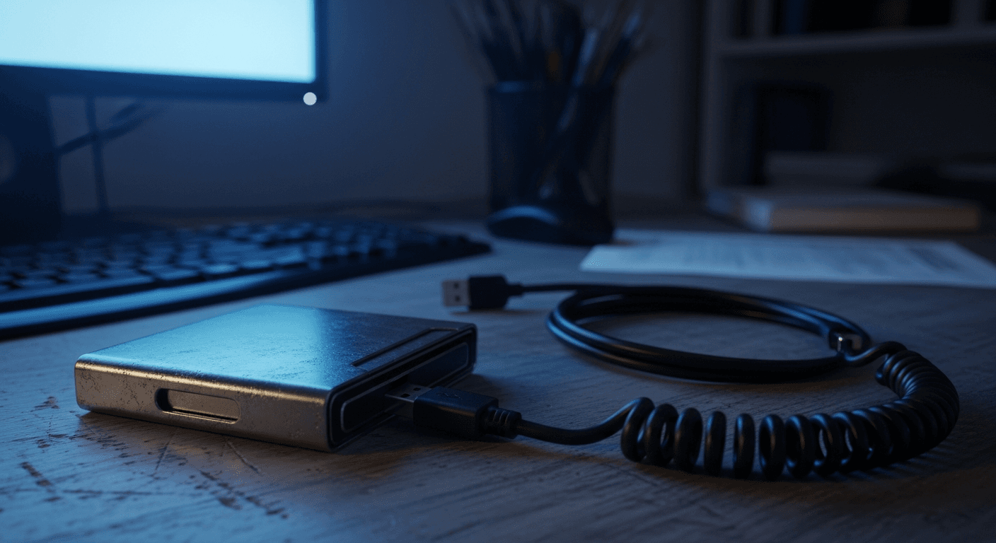 A weathered metal hardware wallet sits on a scratched wooden desk beside a coiled USB cable, bathed in the cold blue glow of a single monitor in a dim, cluttered home office at night.