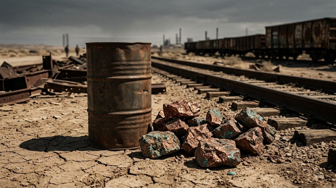 A weathered oil drum and chunks of raw copper ore sit together on cracked, sun-baked earth beside a rusted industrial rail track, the harsh midday desert light casting short, stark shadows