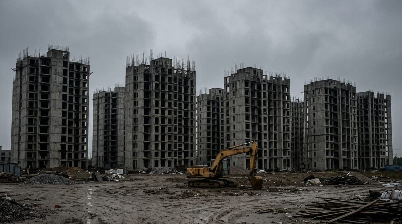 A row of identical unfinished concrete high-rise towers stands frozen mid-construction against a grey overcast sky, their exposed rebar and hollow window openings casting jagged shadows over