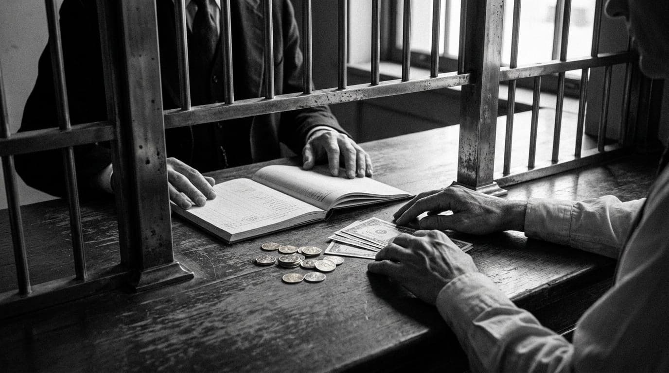 Hands exchanging gold coins and paper currency across a 1930s bank teller counter beside an open ledger, seen through a brass grille