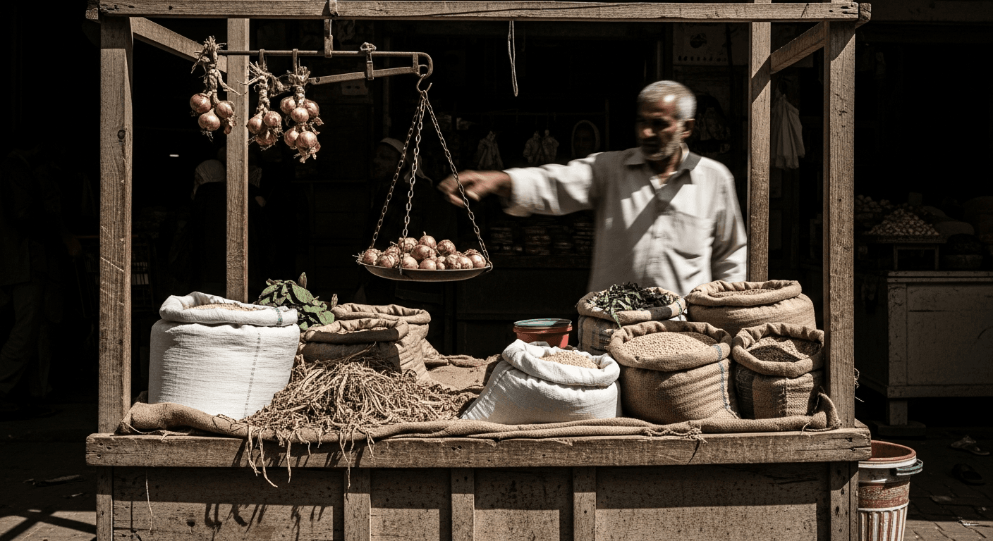 A weathered wooden market stall heaped with wilting vegetables and dusty grain sacks sits half-empty under the harsh midday sun of a crowded open-air bazaar, a rusted hanging scale swaying
