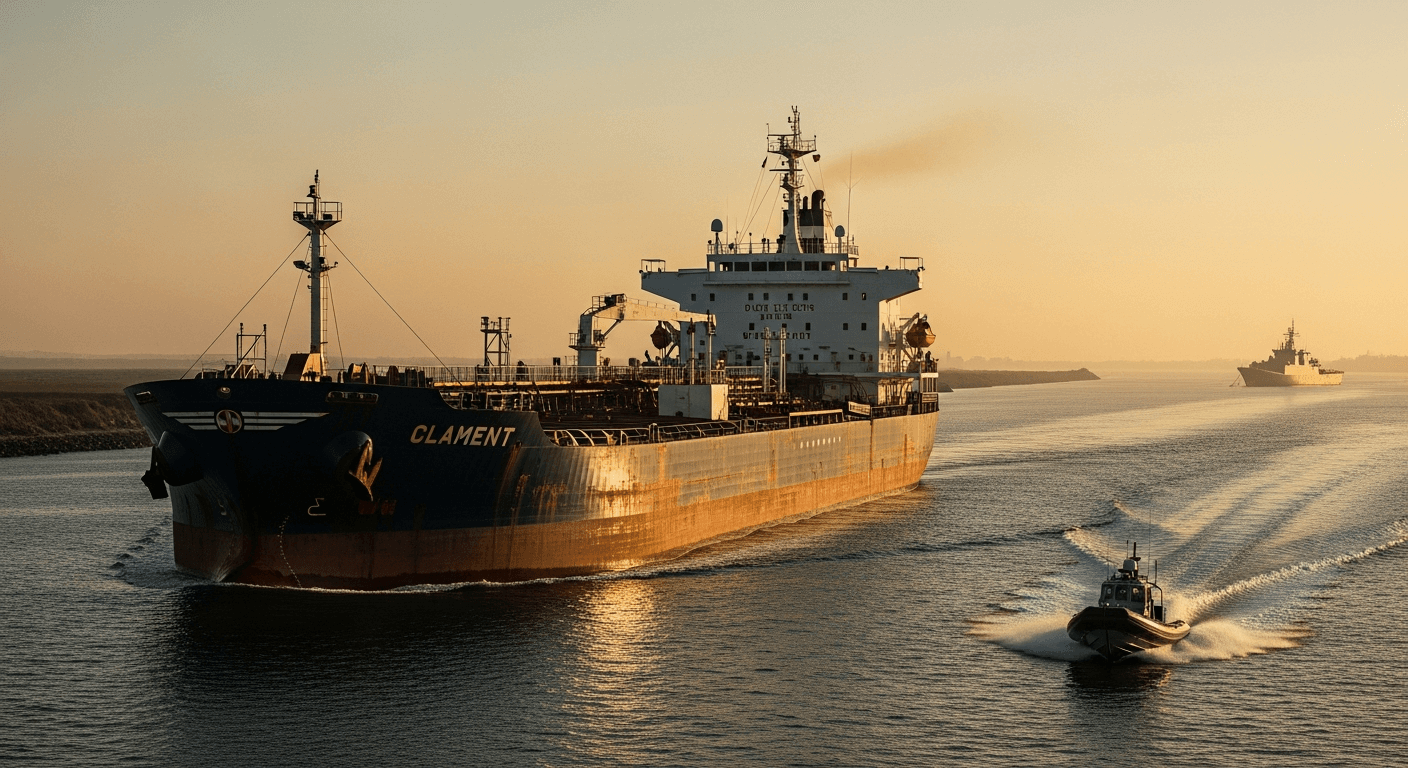 A weathered oil tanker pushes through hazy golden dusk light on a narrow stretch of water, its rust-streaked hull looming against a pale orange sky, while a small rigid inflatable escort
