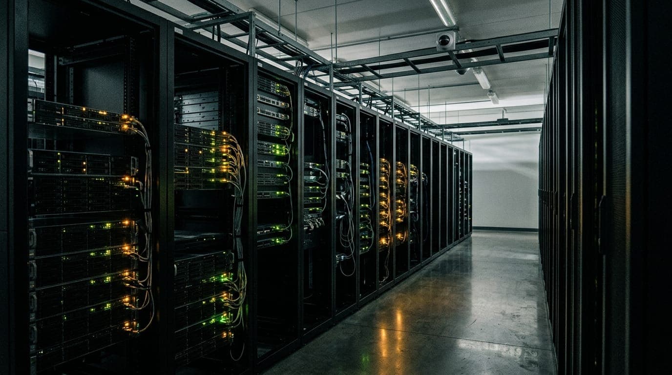 A rows of black server racks stretch deep into a dimly lit data center corridor, their blinking amber and green indicator lights reflecting off a polished concrete floor, while a single