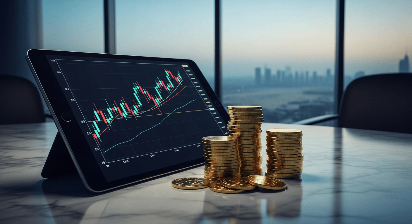 A stack of gleaming gold coins arranged beside a sleek black tablet displaying candlestick charts, photographed on a polished marble surface in cool blue-tinted office light filtering