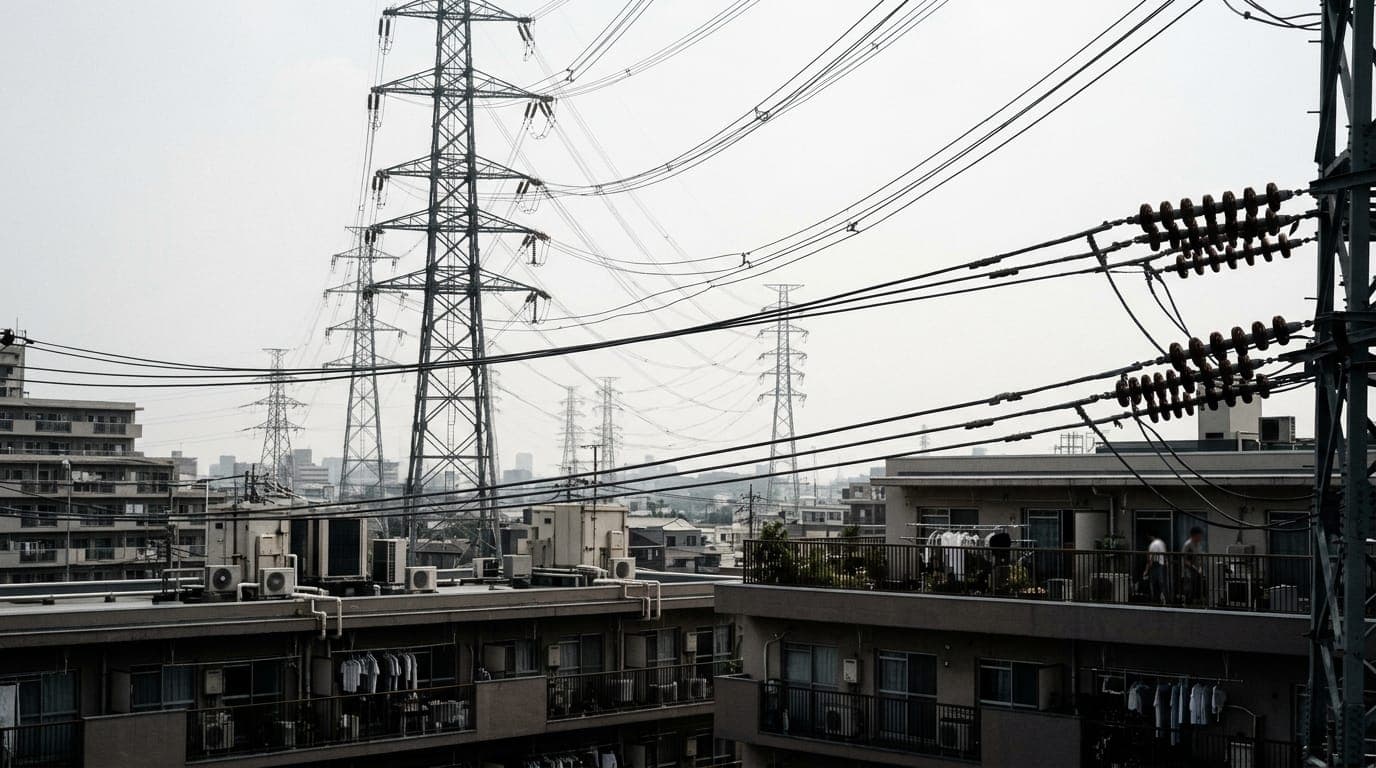A tangle of high-voltage transmission towers and power lines cuts across a bleached white summer sky above an urban Tokyo rooftop, heat haze visibly distorting the air around ceramic