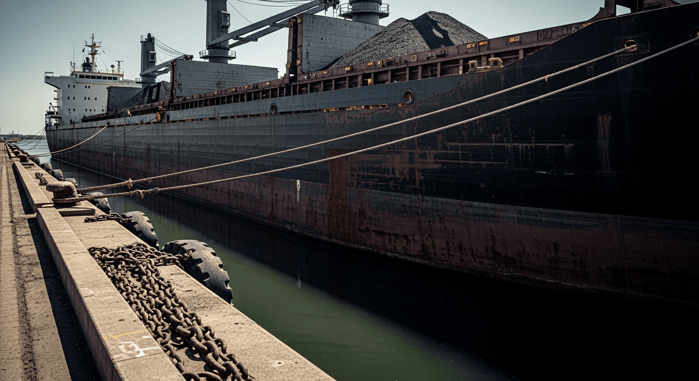 A rust-streaked bulk cargo ship moored alongside a concrete dock, its hold heaped with dark bulk cargo, with mooring lines and heavy chain coiled on the quay above calm green harbour water