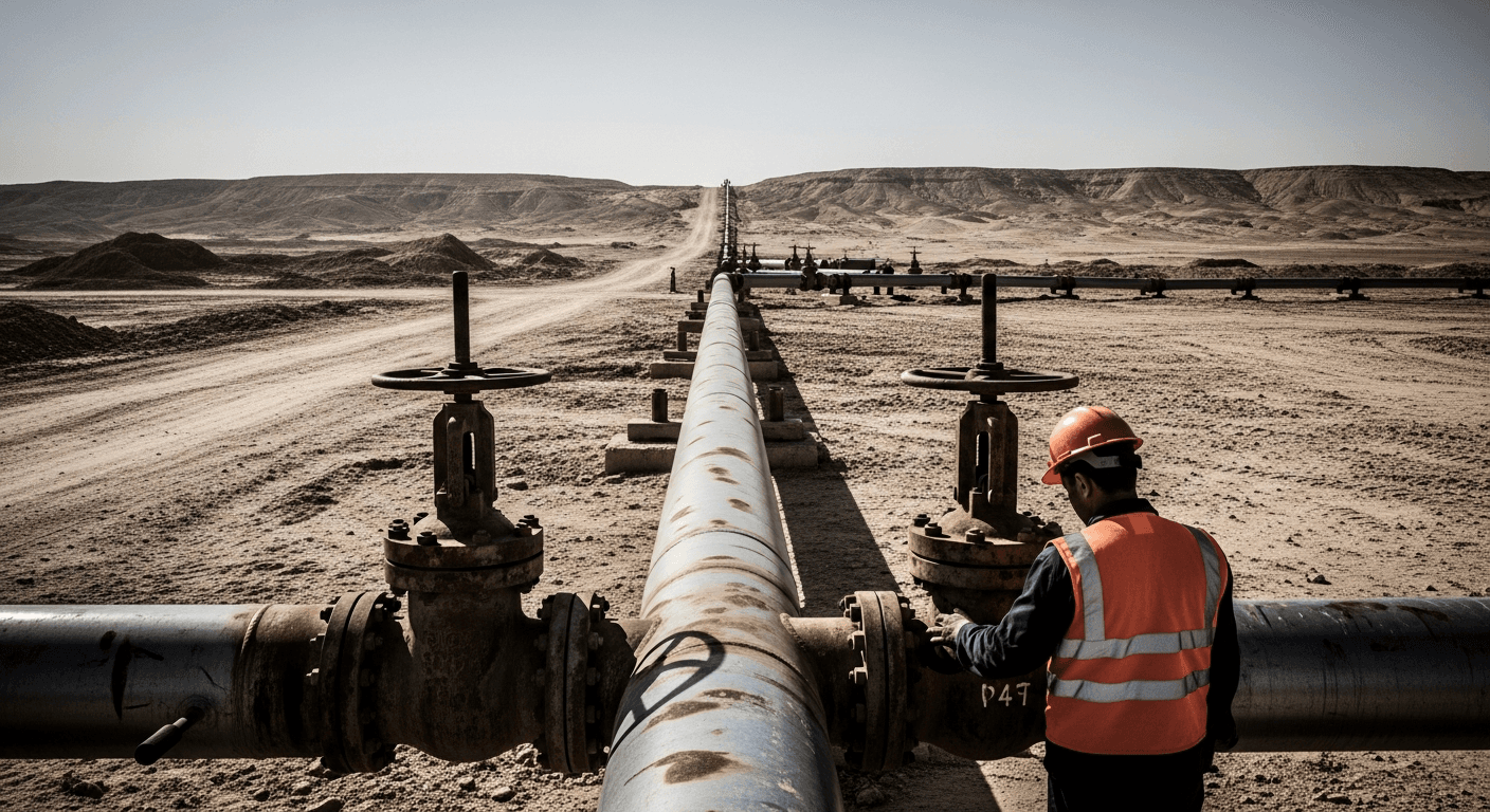 A weathered steel oil pipeline stretches across a sun-scorched desert landscape near the Iraq-Syria border, its rust-streaked surface catching the harsh midday light as it disappears toward
