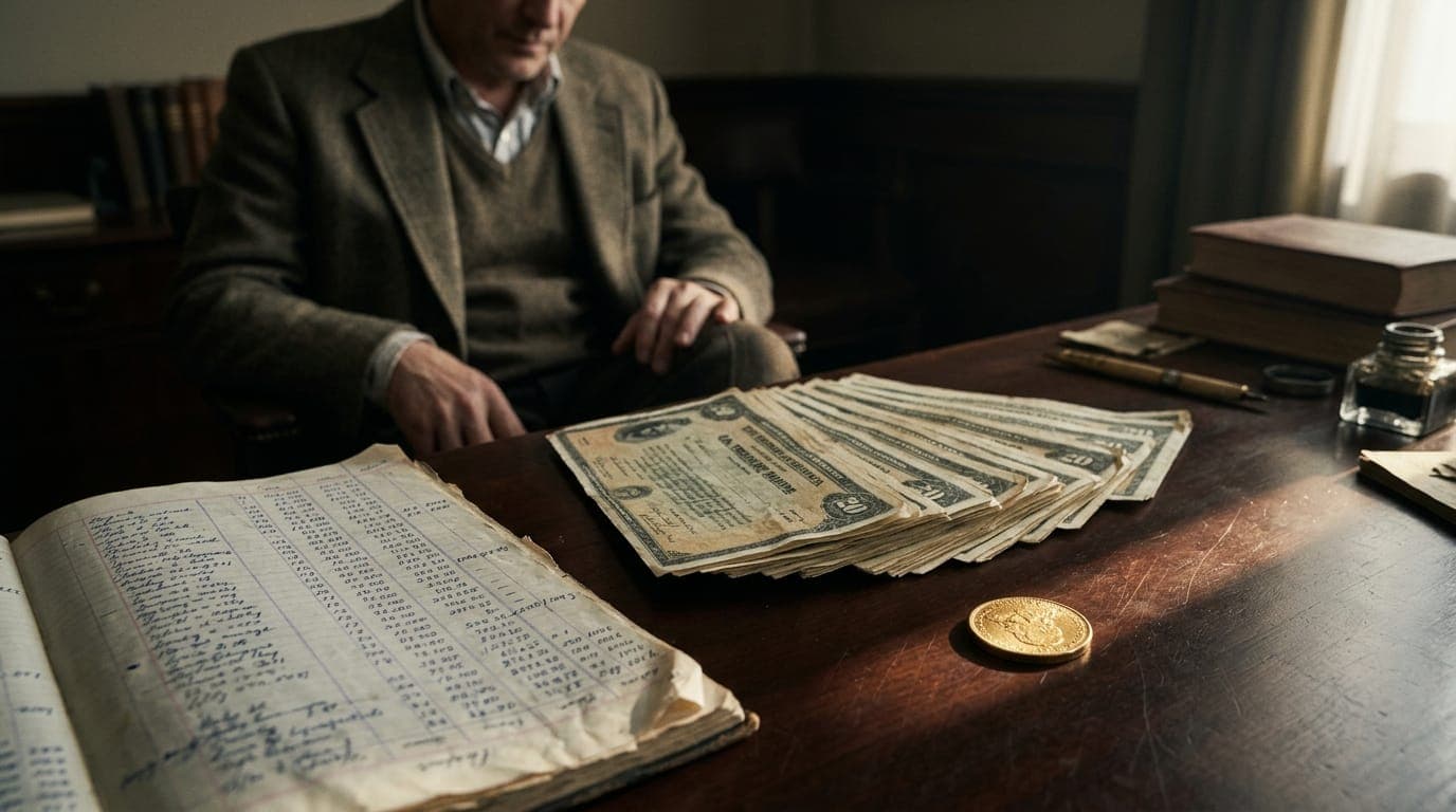 A thick stack of weathered U.S. Treasury bond certificates fans across a dark mahogany desk beside a single gold coin catching a shaft of late-afternoon window light, while a paper ledger