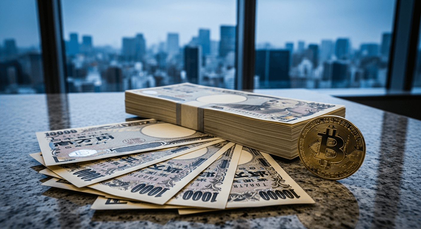 A stack of crisp yen banknotes fanned across a polished granite desk beside a gleaming gold bitcoin coin, shot in cool blue office light filtering through floor-to-ceiling Tokyo high-rise