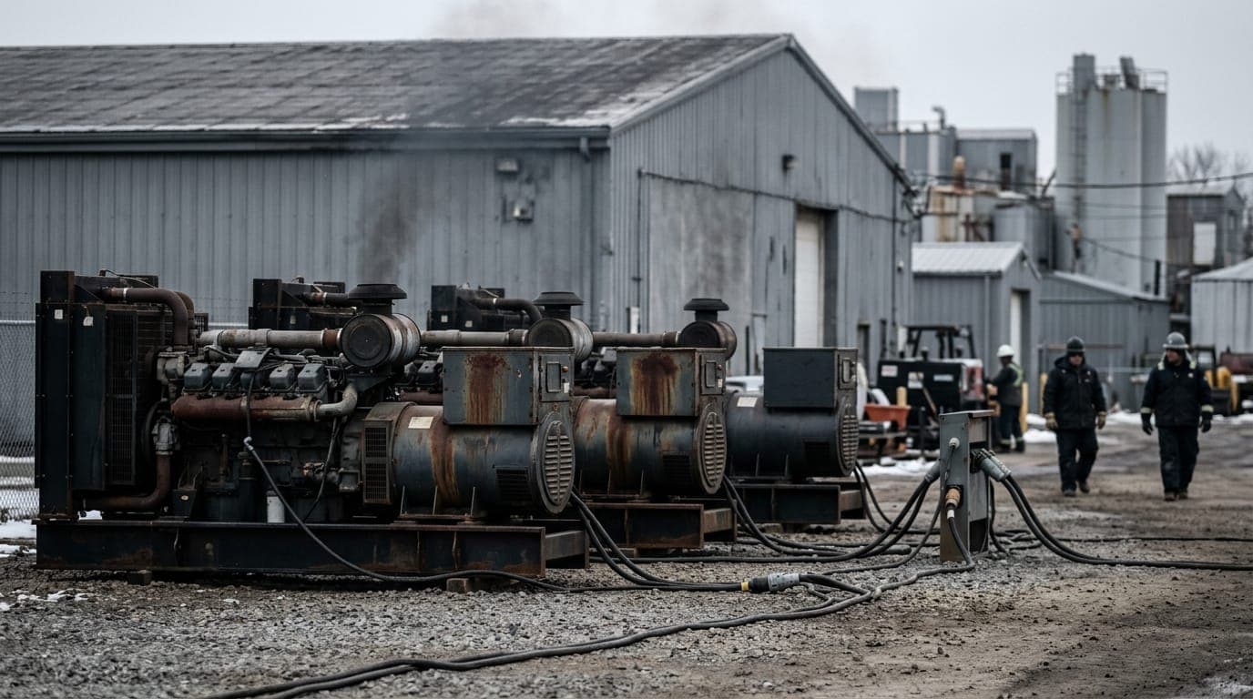 A row of hulking diesel generators covered in rust stains and exhaust soot sits on a gravel lot beside a sprawling gray warehouse building, shot under flat overcast New Jersey winter light